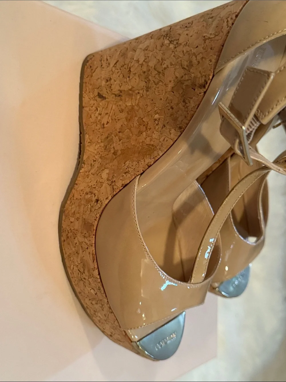 Wedge Platform Sandal in Beige Patent with Cork Heel t strap by Jimmy choo